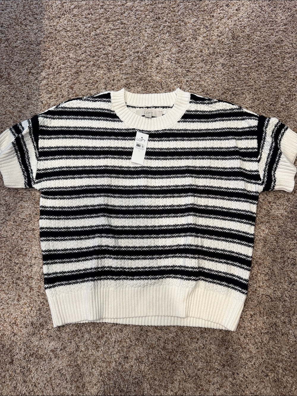 LOFT Black & Ivory Striped Short Sleeve Knit Top, Medium